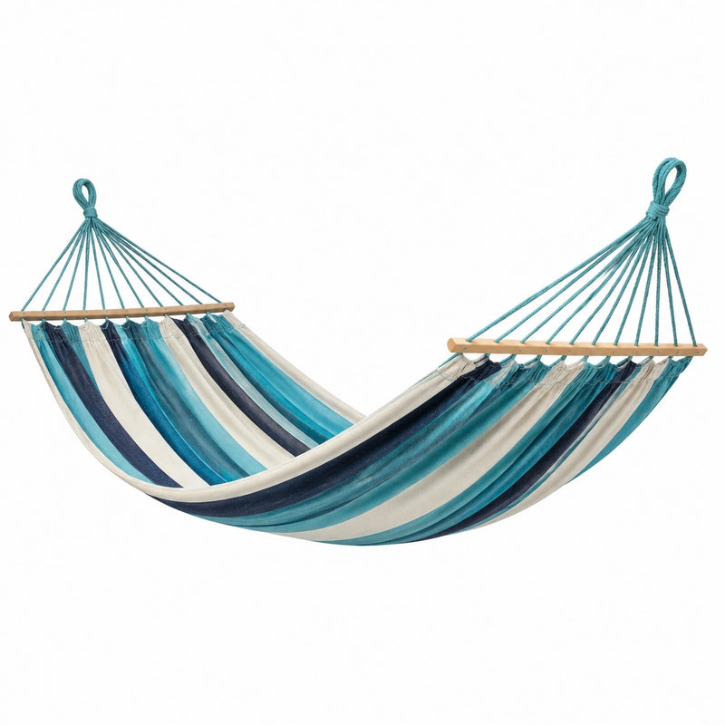 Amaca in Cotone a Strisce Blu e Bianche con Barre di Sospensione