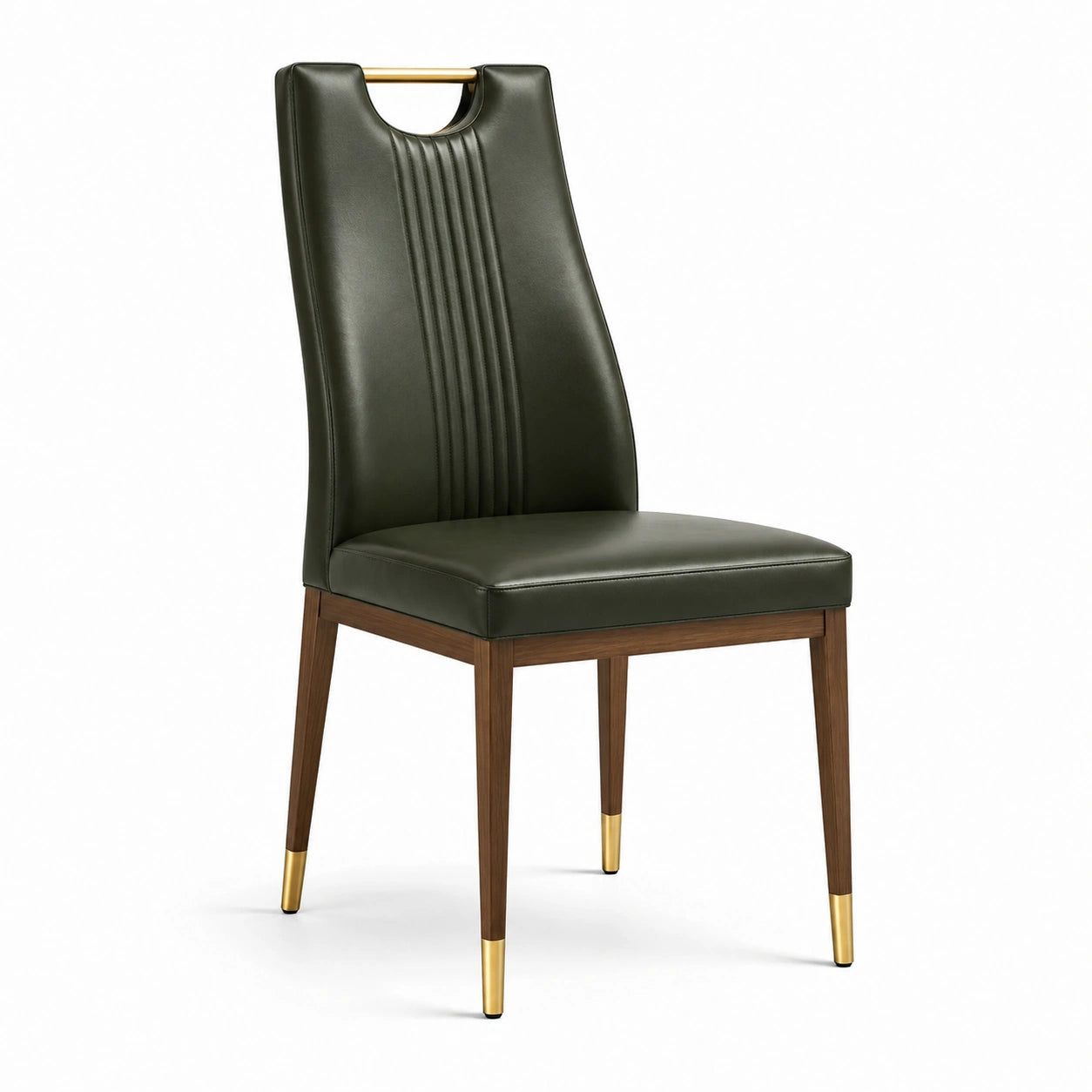 Sedia da pranzo in pelle sintetica verde con gambe in legno e dettagli in ottone