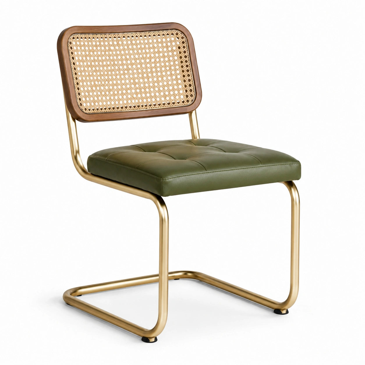 Sedia in metallo dorato con seduta in ecopelle verde e schienale in rattan