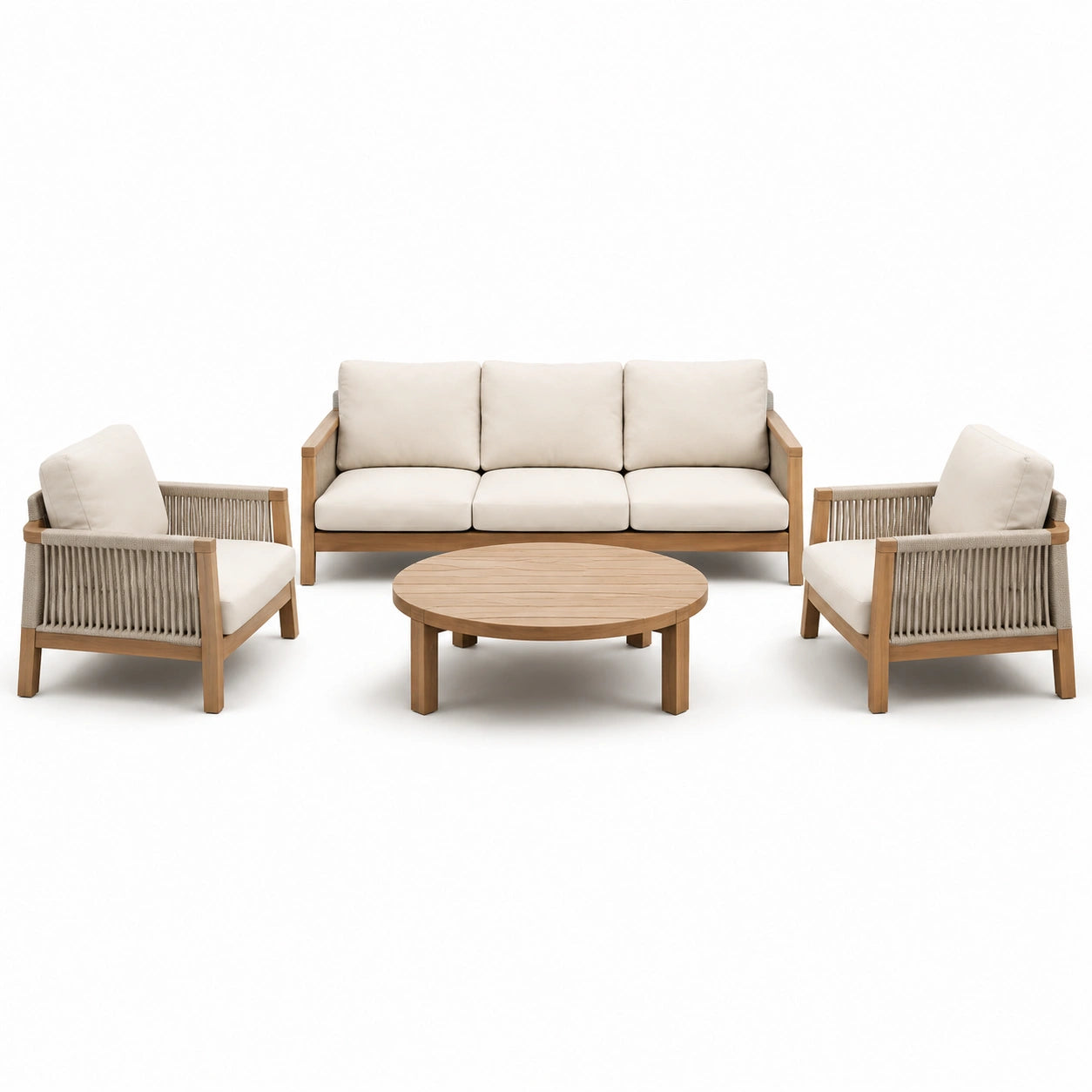 Set da giardino in legno di teak 4 pezzi con cuscini color crema