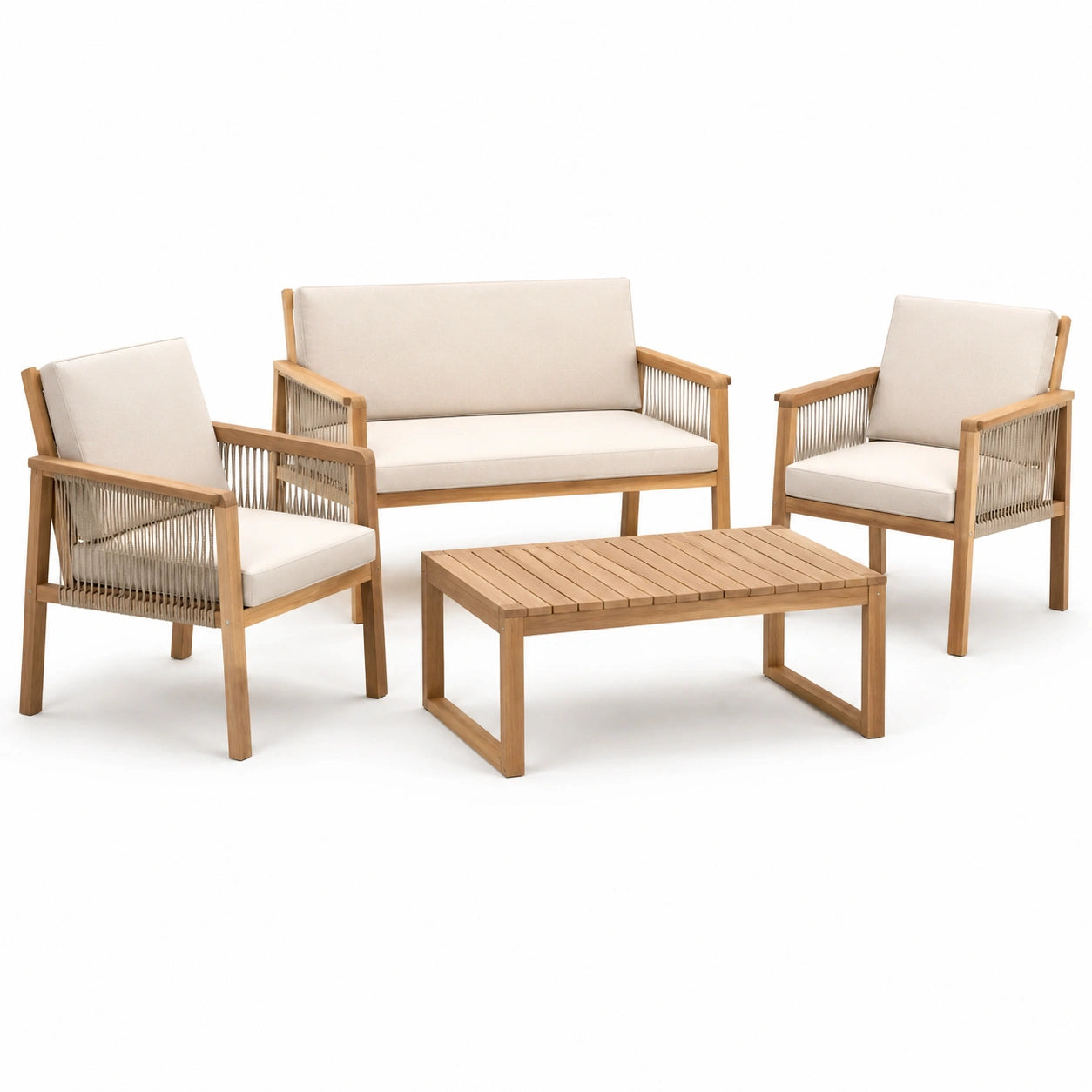 Set da Giardino in Legno di Teak con Cuscini Beige