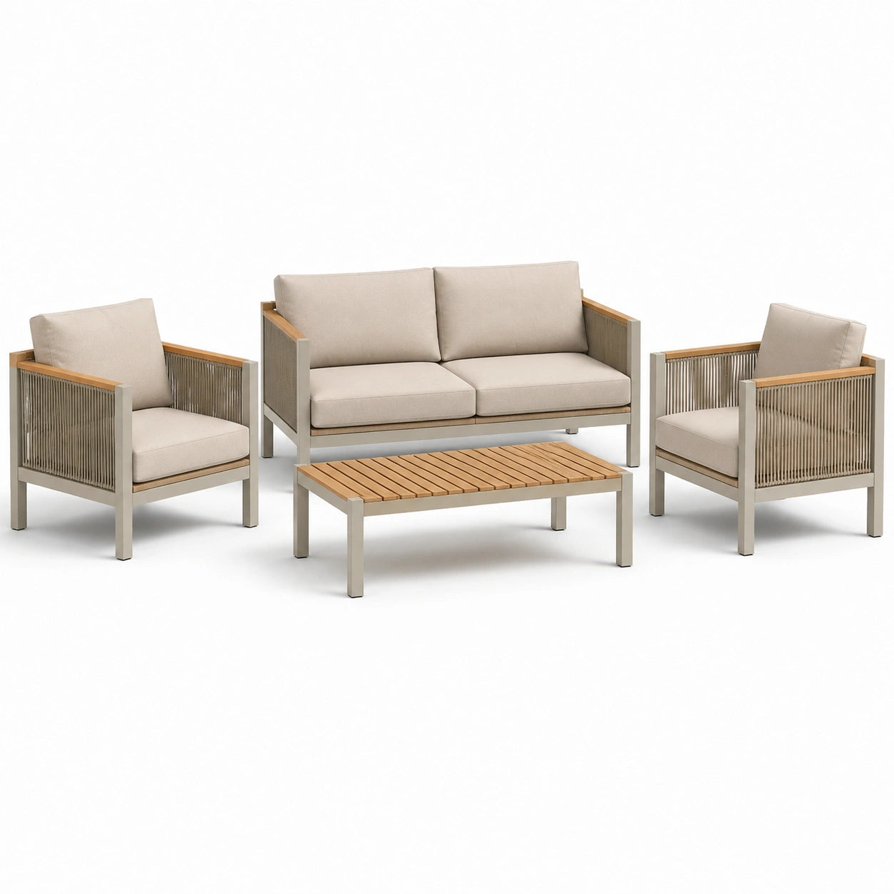 Set da giardino 4 pezzi in metallo e legno con cuscini in poliestere beige