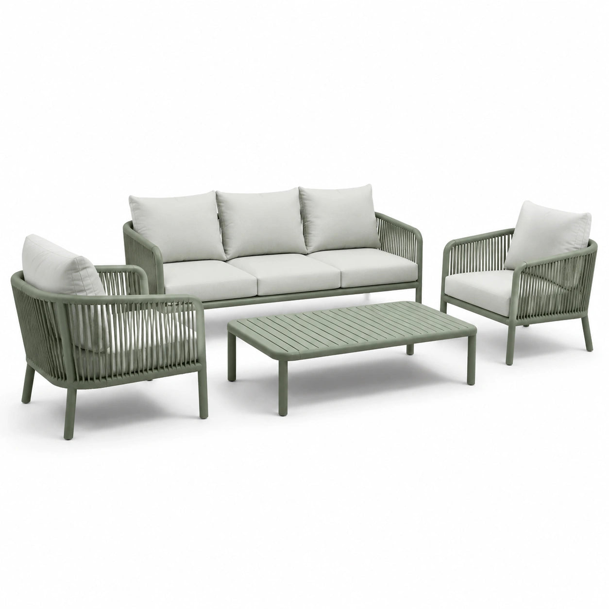 Set salotto da giardino 4 pezzi in metallo e corda con cuscini grigi