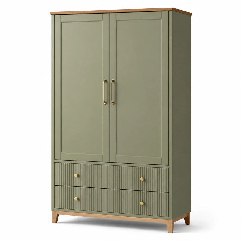 Armadio a due ante verde con cassetti in legno