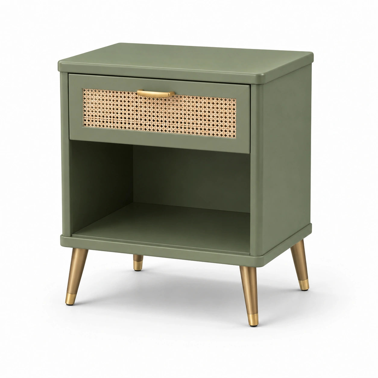 Comodino in legno verde con cassetto in rattan e gambe in metallo, 40x30x50 cm
