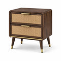 Comodino in Legno con Cassetti in Rattan e Maniglie in Metallo