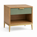 Comodino in legno con cassetto verde e gambe in metallo