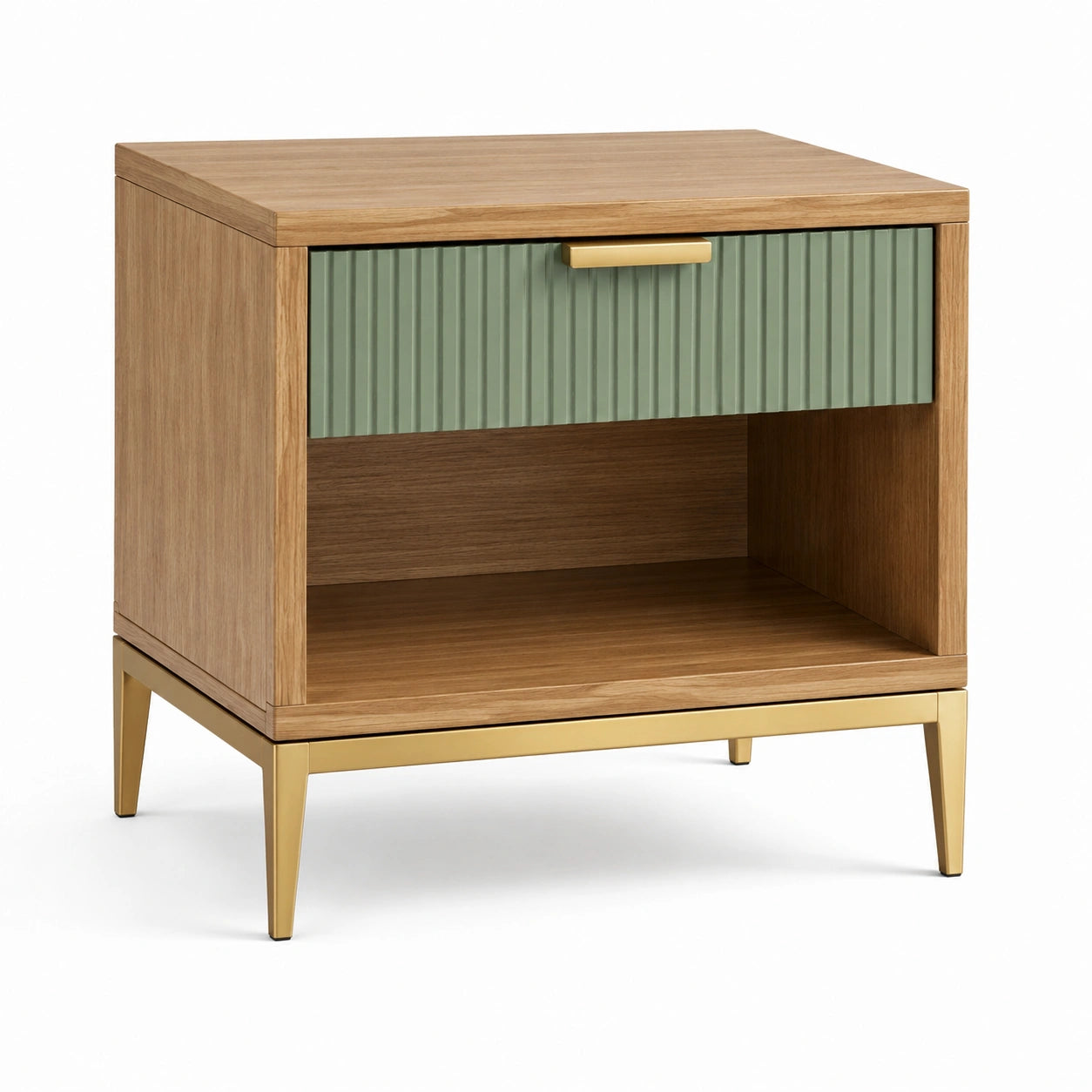 Comodino in legno con cassetto verde e gambe in metallo
