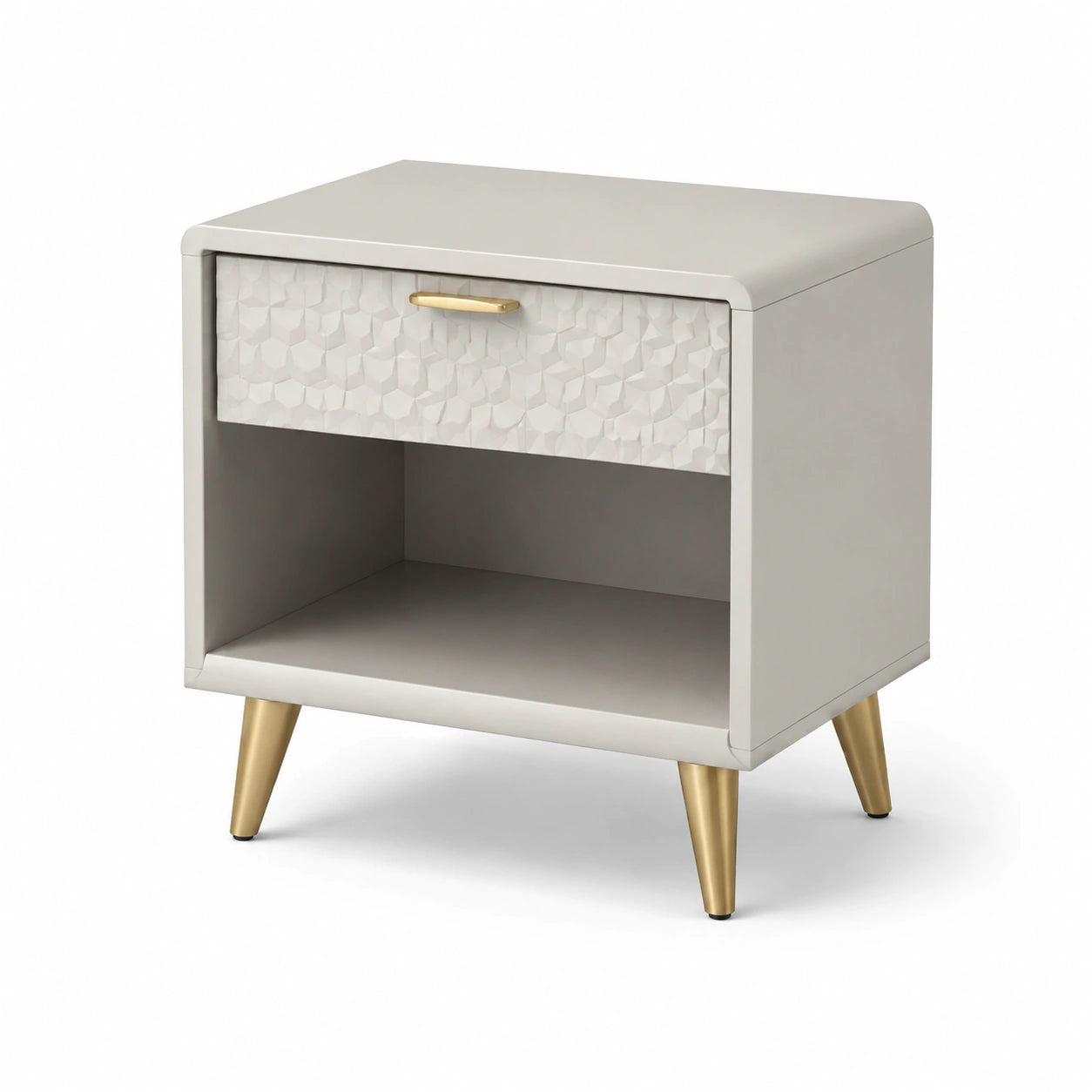 Comodino in legno compensato con gambe in metallo dorato e cassetto