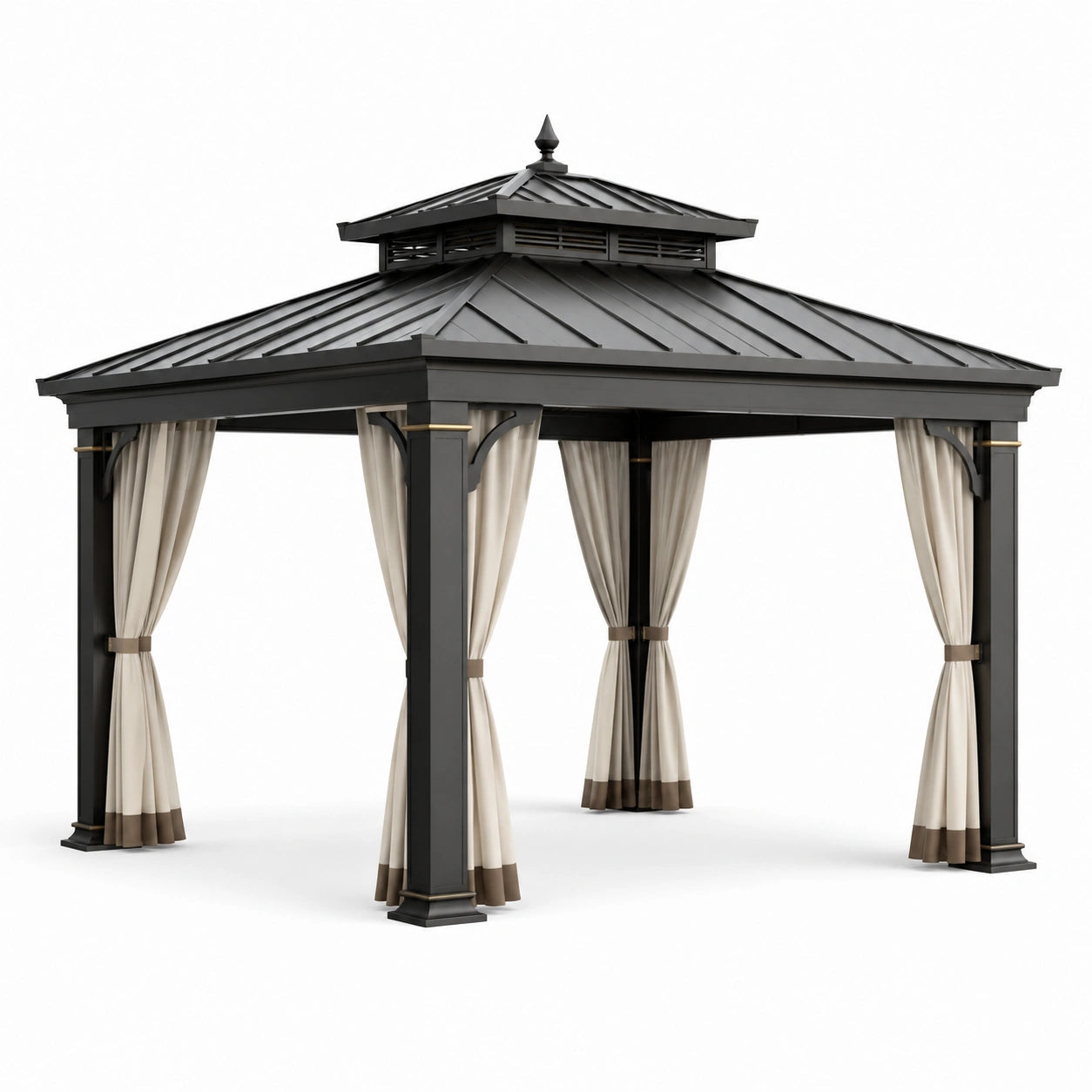 Gazebo in Metallo con Tetto in Acciaio e Tende in Poliestere