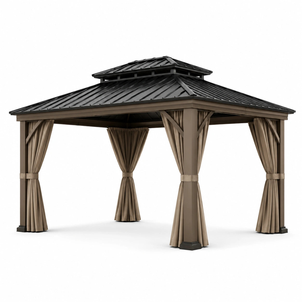 Gazebo da Giardino in Alluminio con Tetto in Acciaio e Tendaggi Color Bronzo 300x300 cm