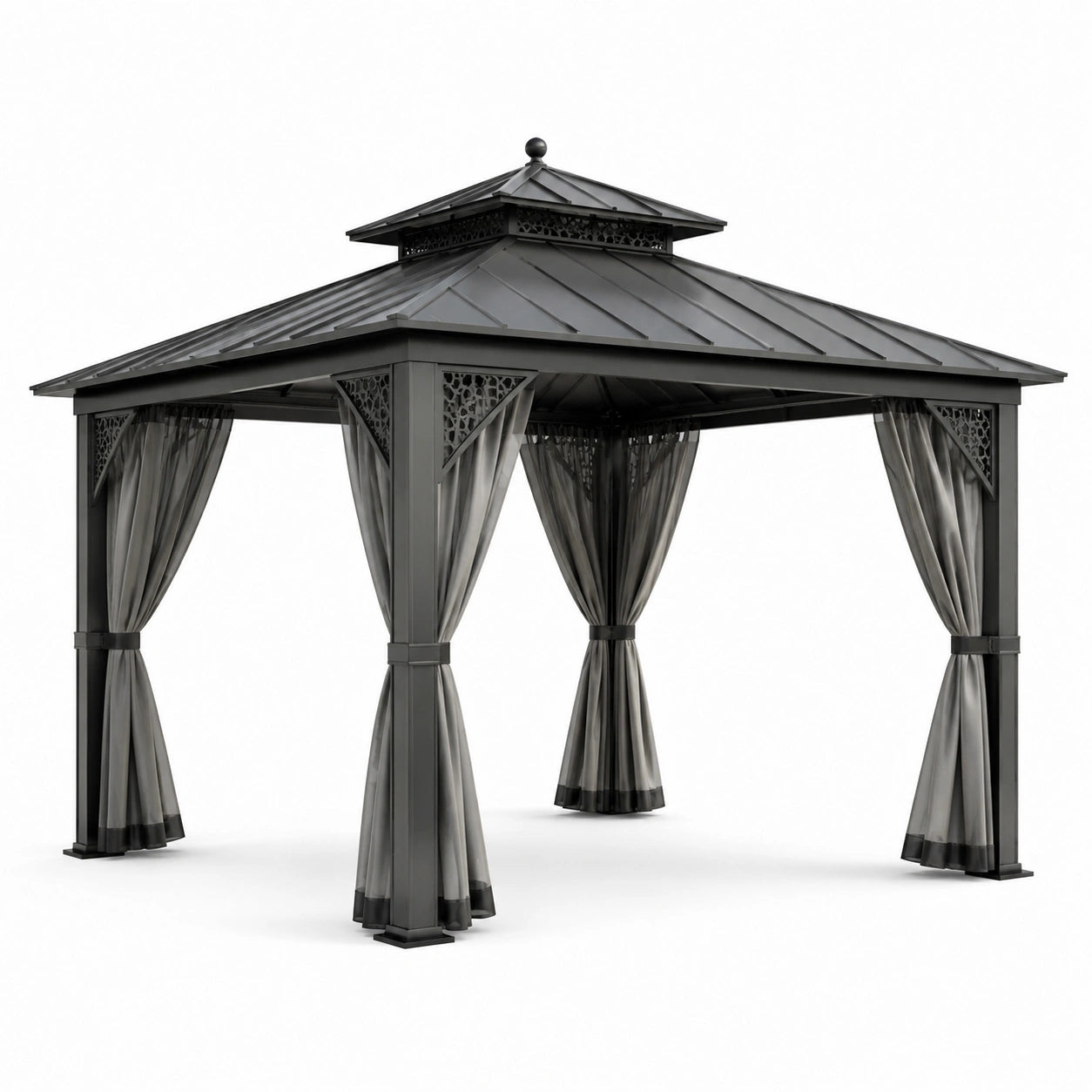 Gazebo in Alluminio e Acciaio con Tende in Poliestere Nero Grigio 300x300 cm