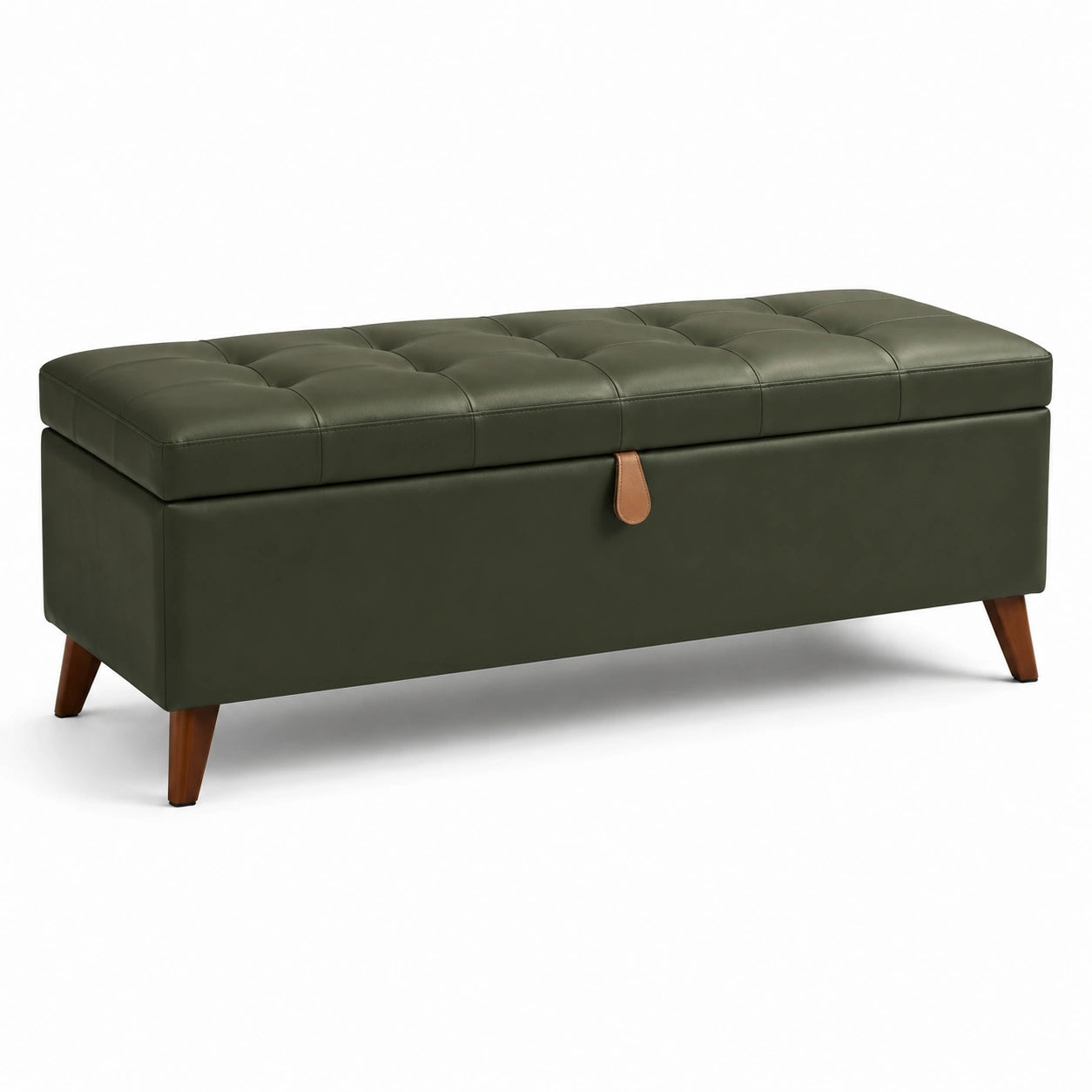 Panca contenitore in pelle sintetica verde con gambe in legno